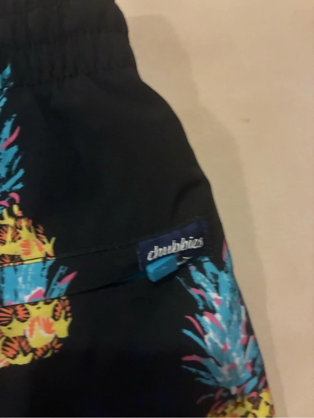 chubbies Black Swim Trunks with Yellow Pineapple and Blue-Teal Tops